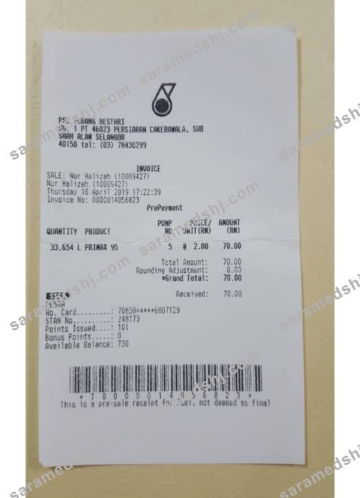 PSS Subang Bestari payment receipt
